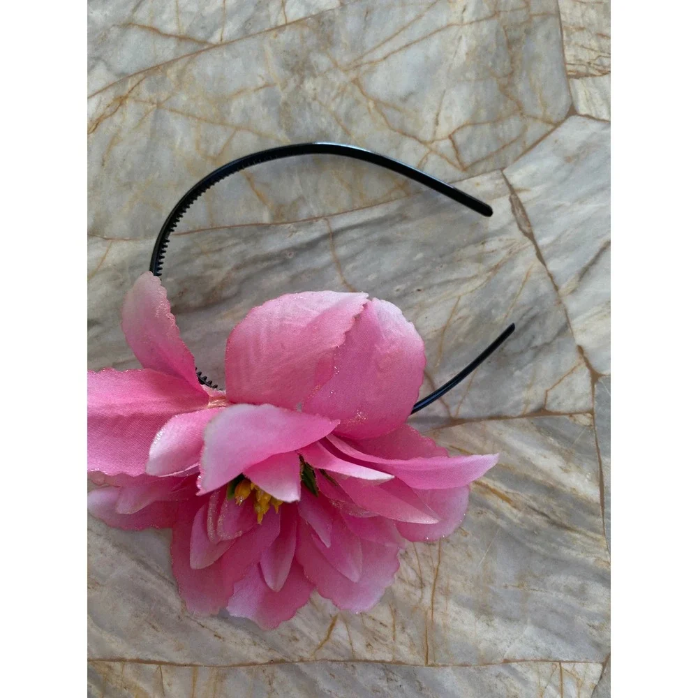 Pink Floral Headband Large Fabric Flower Glitter Accents Tropical Style Black